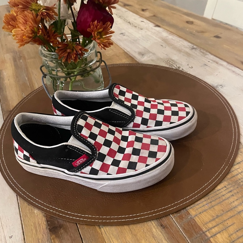Unisex Vans Kids Red and Black Checkered Slip-On Sneakers